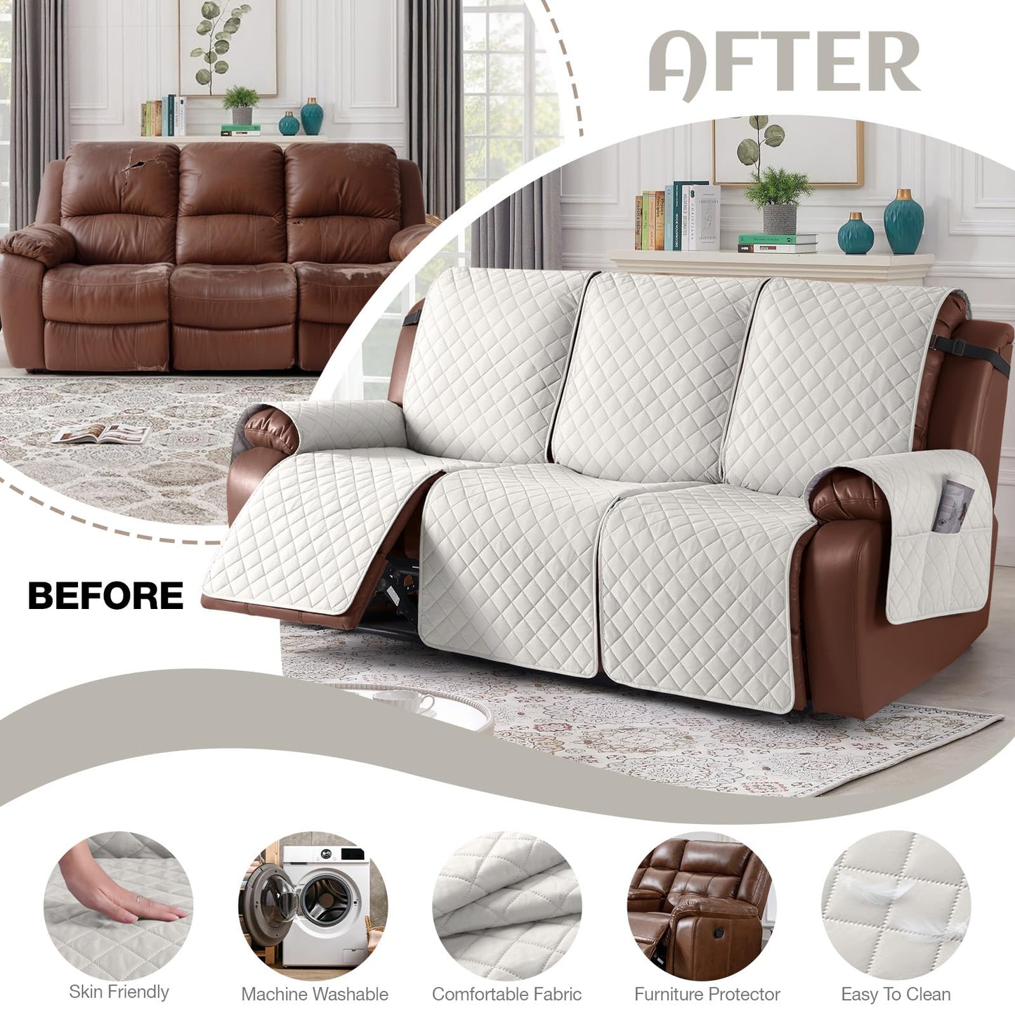 KinCam 100% Waterproof Recliner Sofa Covers, Non-Slip Reclining Couch Covers for 3 Seat, Recliner Couch Cover Furniture Protector with Elastic Straps for Pets, Kids, Beige White