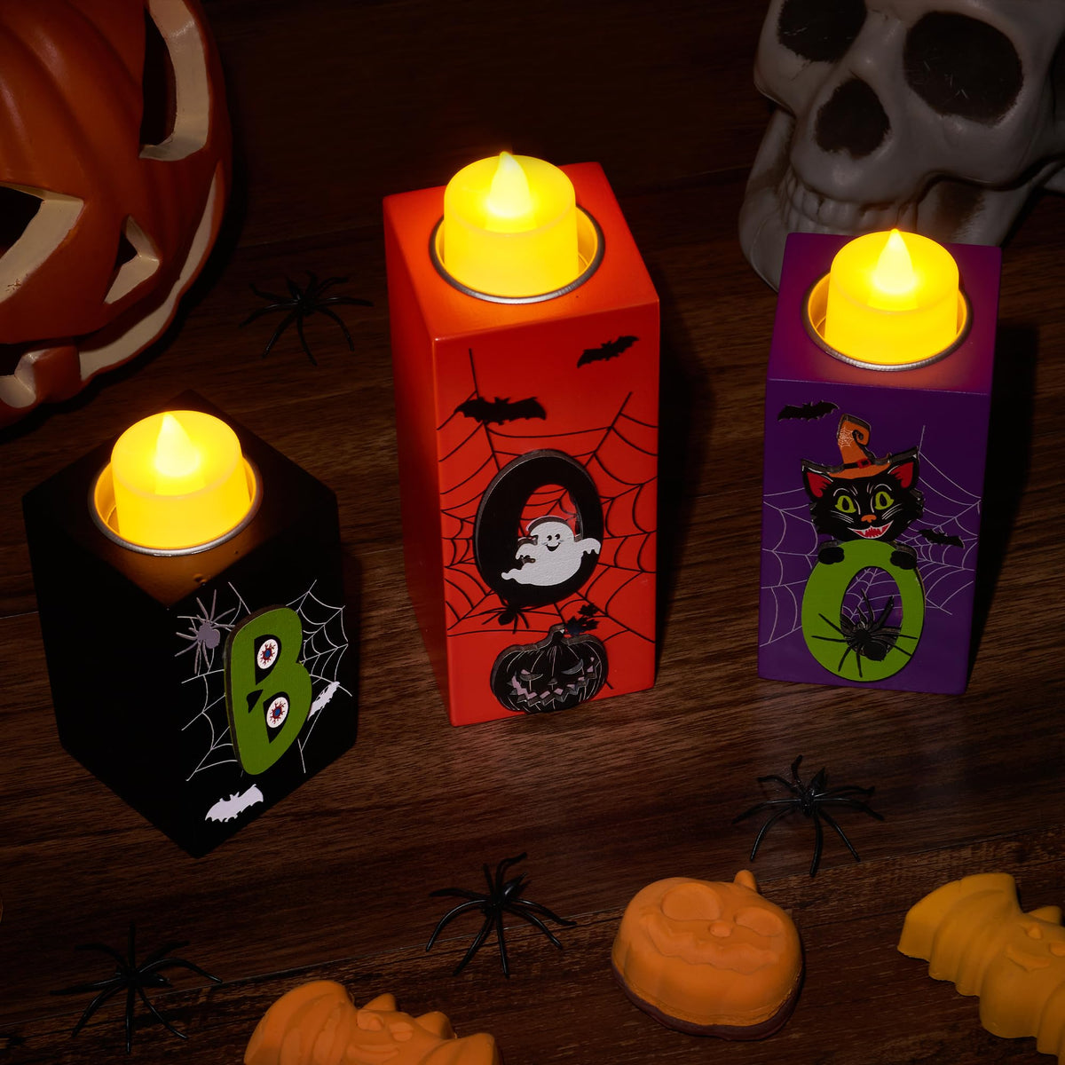 BlcTec Halloween Decorations, 3 PCS Halloween Wood Candle Holders with LED Tea Lights & 3D Carving Craft, Wood Candle Centerpieces for Home, Table, Office, Tiered Tray, Décor, Black Orange Purple