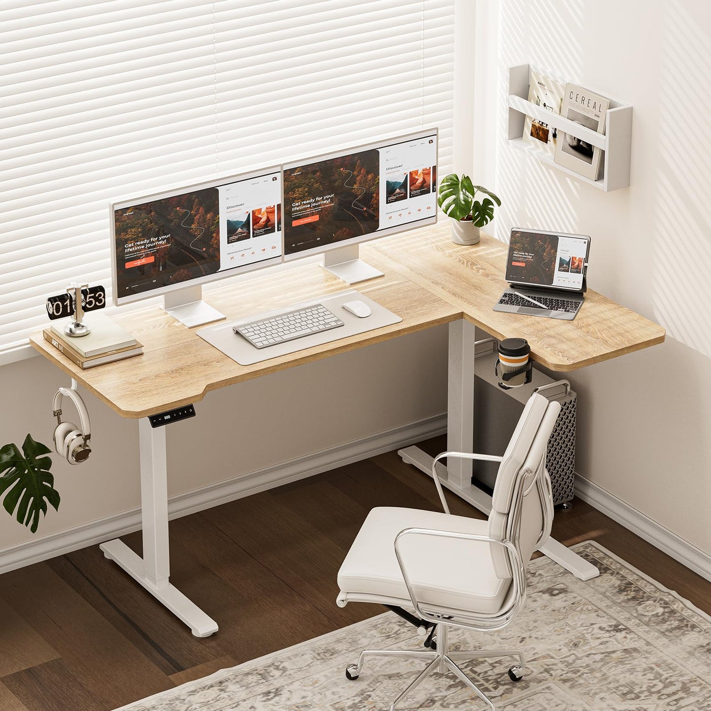 Acrolix L Shaped Electric Standing Desk - 51x31.5 Inch Reversible Corner Sit Stand Desk with Hook&Cup Holder,Electric Height Adjustable Table,for Small Home Office&Bedroom Computer Desk, Oak