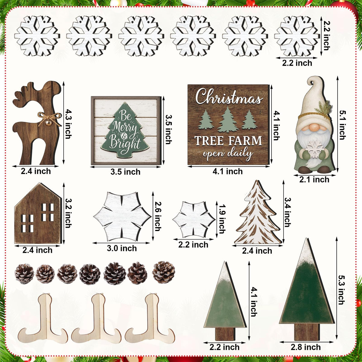 Yalikop 20 Pcs Neutral Sage Green Christmas Tiered Tray Decor Set Farmhouse Rustic Snowflake Xmas Tree Wood Table Centerpiece Decoration Tabletop Sign for Winter Home Kitchen Festival