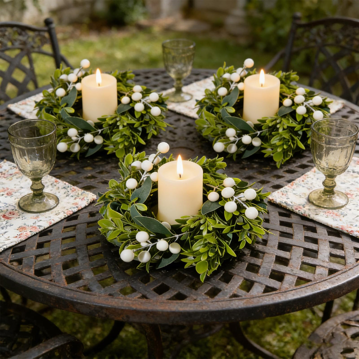 6 Pcs Small Spring Summer Candle Ring Wreaths with Artificial Boxwood Greenery White Berry Branches Mini Pillar Candle Holder Wreath for Home Table Centerpieces Kitchen Wedding Farmhouse Party Decor