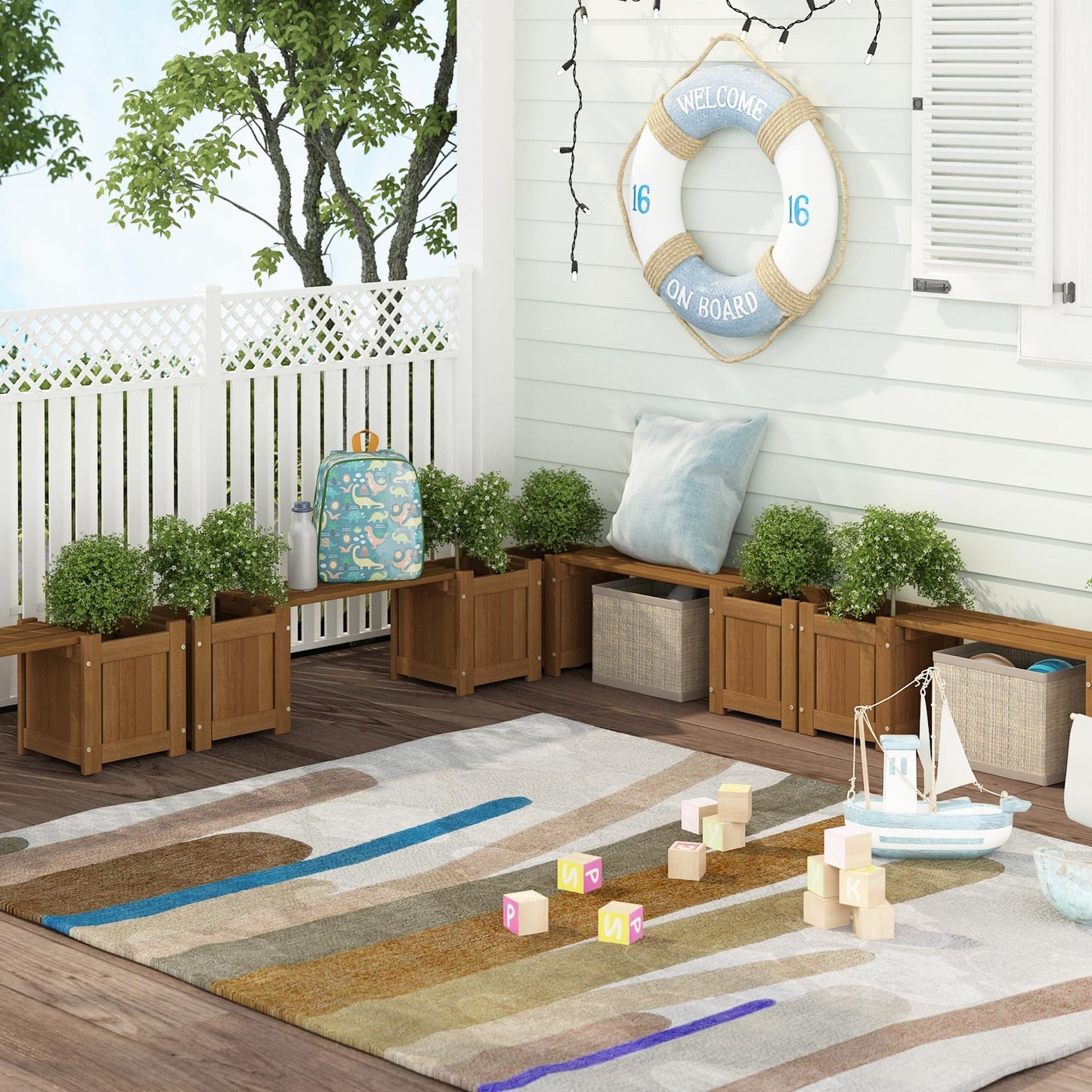 Furinno TIOMAN Mini Planter Box with Bench, Hardwood Flower Box with Seat, Cube Garden Box, in Teak Oil, Outdoor Indoor, Garden, Patio, Balcony, Light Wood