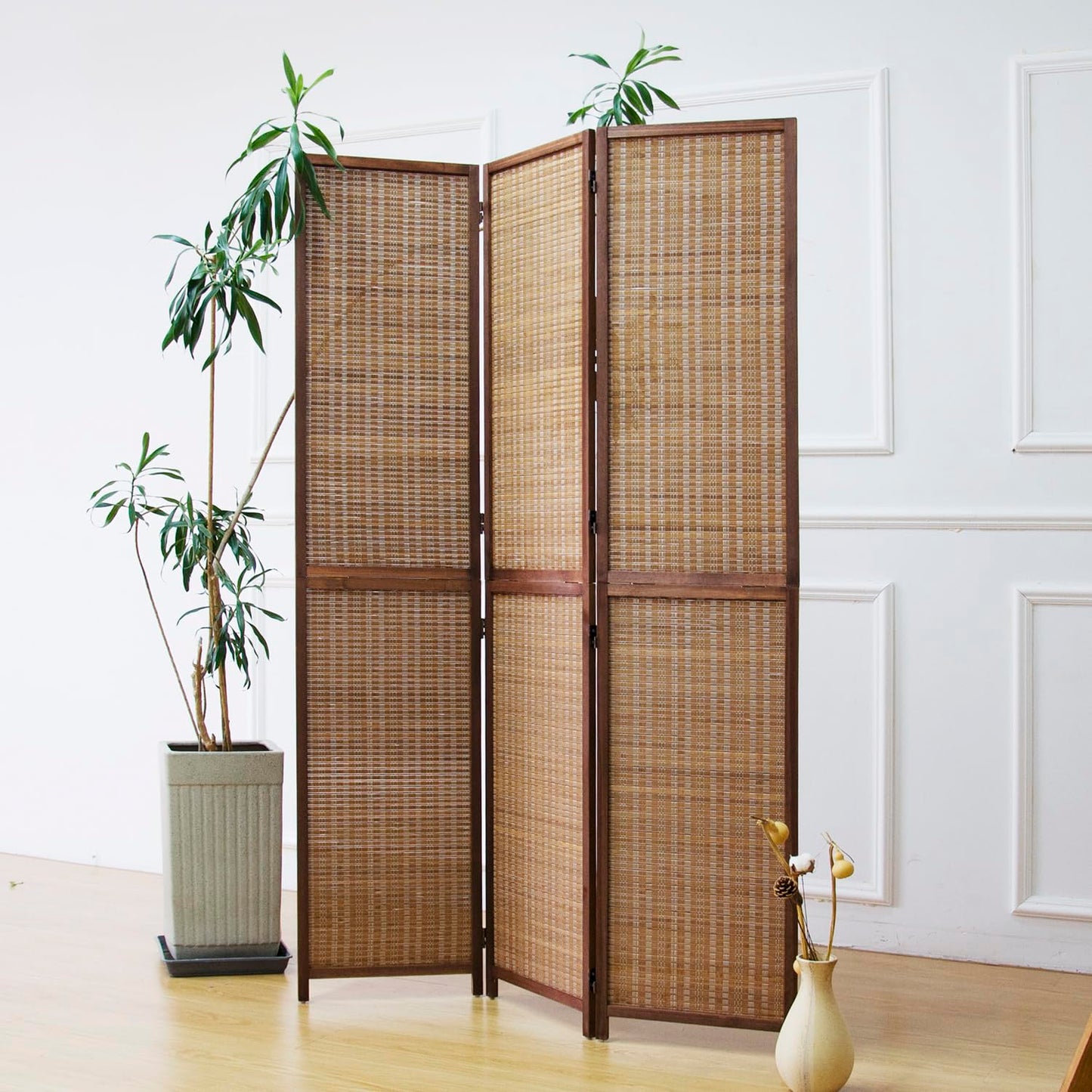 Furnnylane 3 Panel Detachable Room Divider, 5.6 ft Tall Two in One Bamboo Privacy Screen (Converts into 2 Low Dividers), Folding Panel Divider for Room Separation, Natural Brown (67" H x 46" W)