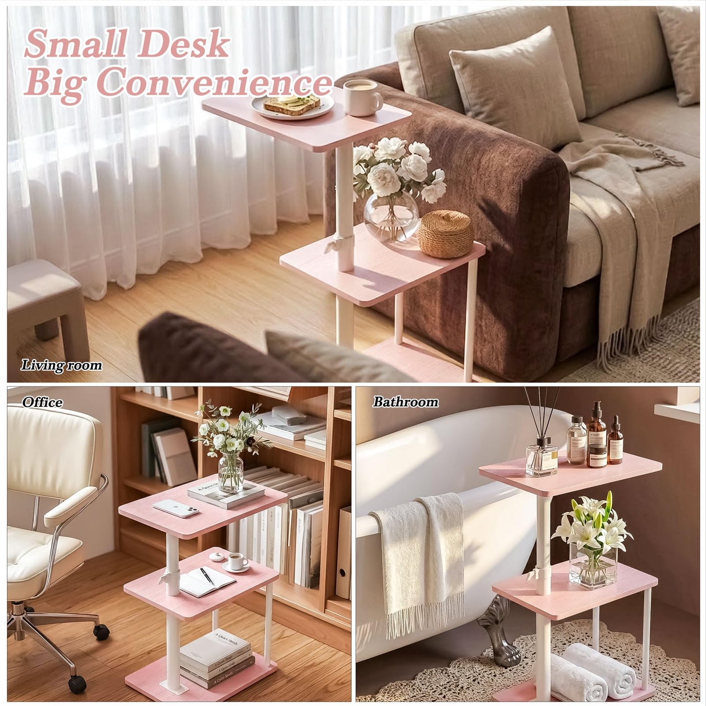 Faesun Swivel Side Table for Couch Arm, Adjustable C End Table for Recliner or Bed, Tv Trays with Storage Shelf for Small Spaces Small Nightstand Table for Living Room, Bedroom，Pink