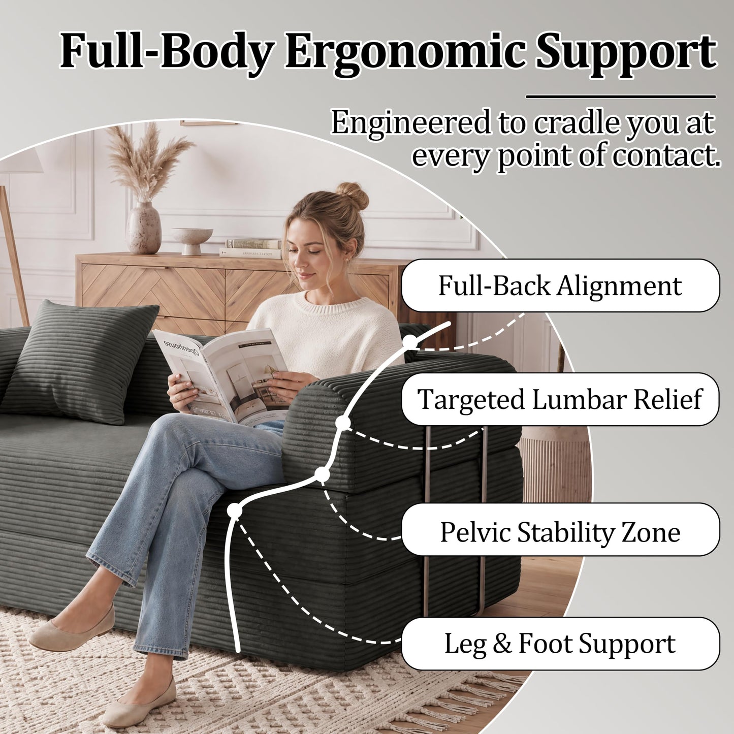 59'' Convertible Compressed Corduroy Folding Cloud Sofa Bed, Modern Boneless Pull Out Loveseat Sleeper in a Box, 4 in 1 Floor Mattress Futon Fluffy Couch, No Assembly Needed, Grey, 2 Pillows, Full