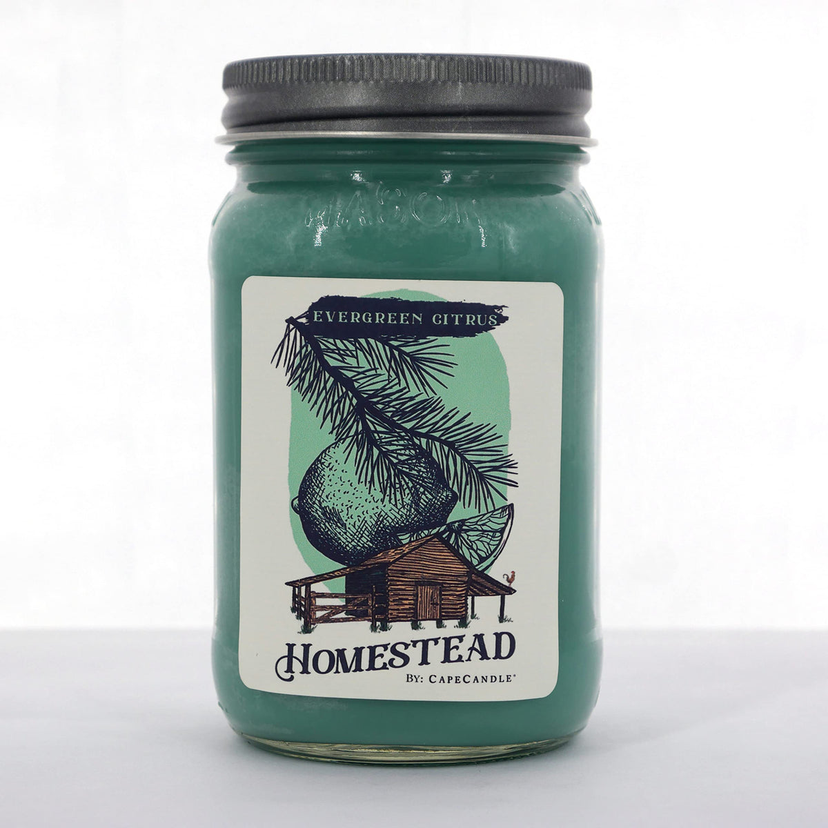 Cape Candle Homestead Soy Candle Wax, Evergreen Citrus Scent | Fresh Lemongrass & Herbal Fragrance | Hand-Poured Mason Jar with Pewter Cap | Home Decor Ambiance Soy Wax Accessories | Mason Jar, 16 Oz