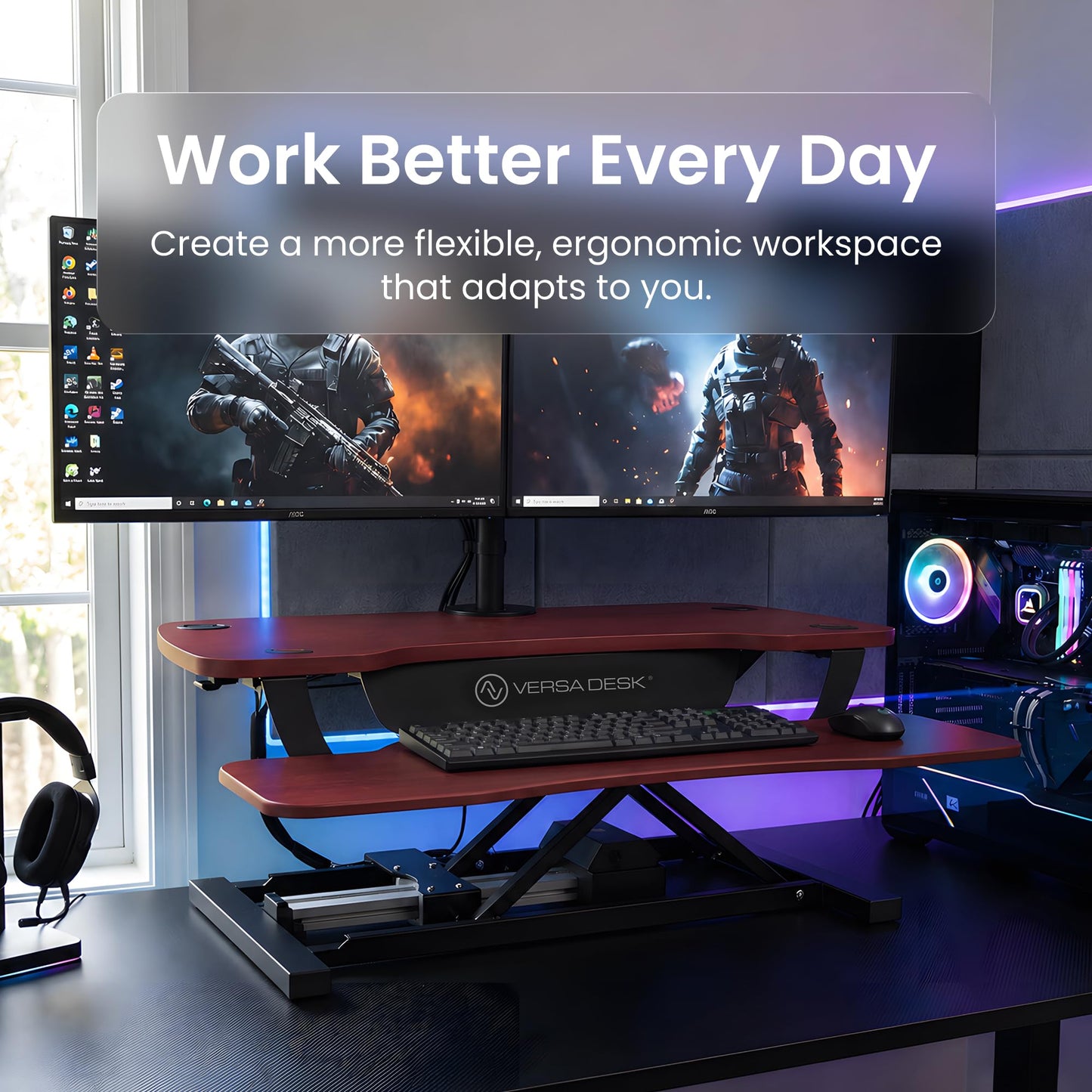VERSADESK PowerPro 40” x 24” Standing Desk Converter | 7.75” - 23.5” Electric Height Adjustable Sit to Stand Desk Riser w/ Keyboard Tray & USB Hub - Ergonomic Workstation for Home & Office, Cherry