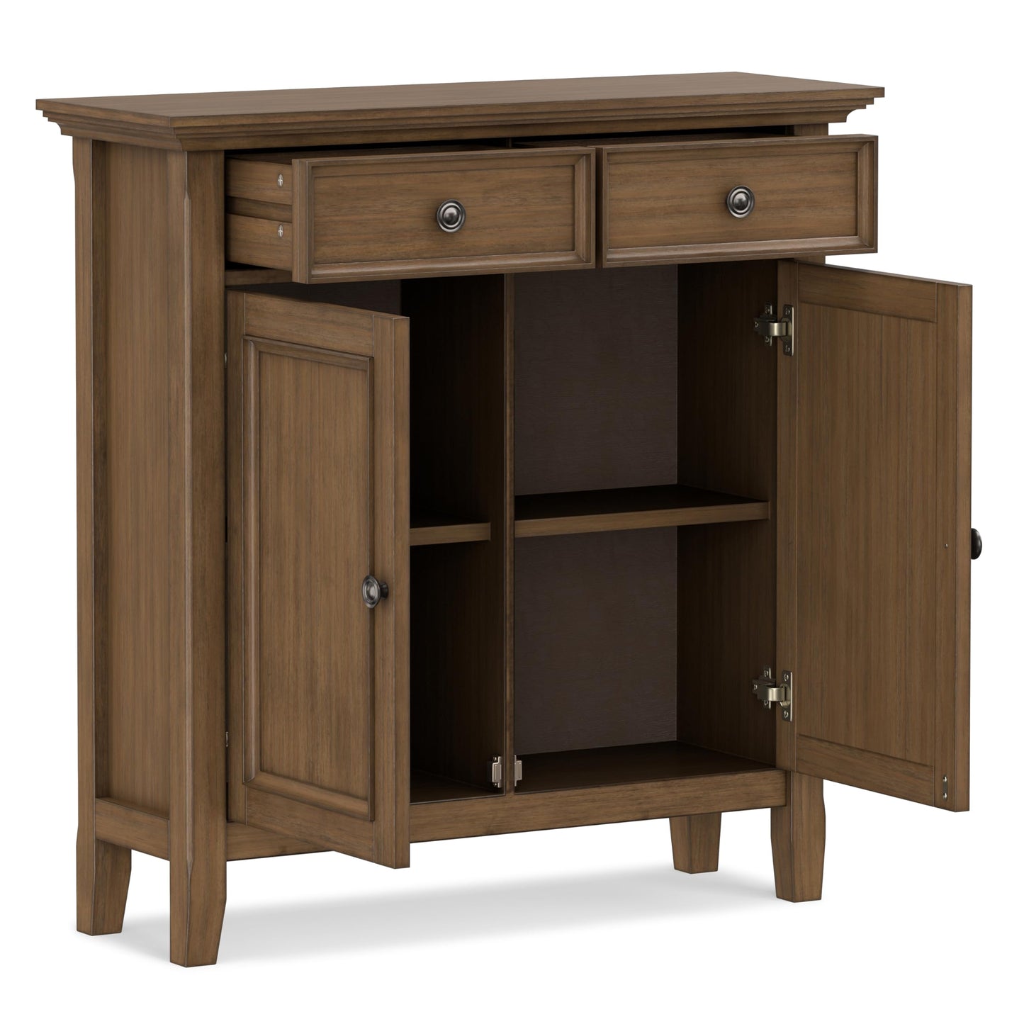 SIMPLIHOME Amherst Storage Cabinet - 36 inch Wide Solid Wood 2-Shelf Entryway Console in Rustic Natural Aged Brown, Transitional Cupboard for Living Room or Hallway with Drawers and Adjustable Shelves