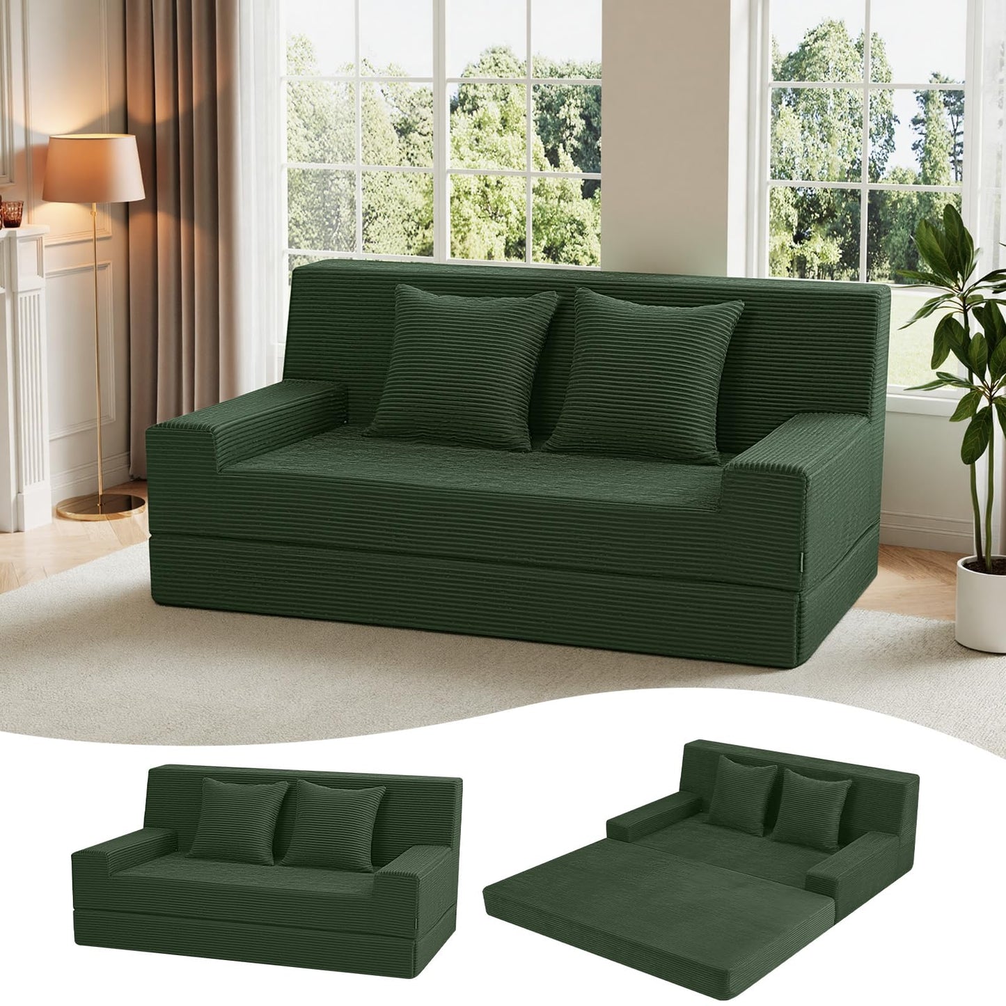 MeMoreCool Boneless Loveseat Sofa Bed – Dark Green Corduroy Convertible Futon Couch, Foldable Floor Sleeper with Foam & Pillow, Washable Cover for Bedroom, Apartment, Small Living Room