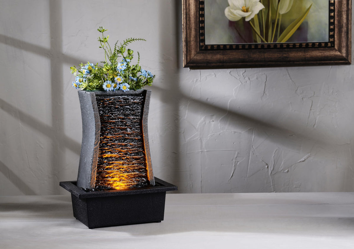 GOSSI Tabletop Water Fountain with LED Lights, Indoor Waterfall Fountain for Home Office Bedroom Decor, Includes Plastic Pots for Plant Growing, Relaxation Desk Accessory (24285)