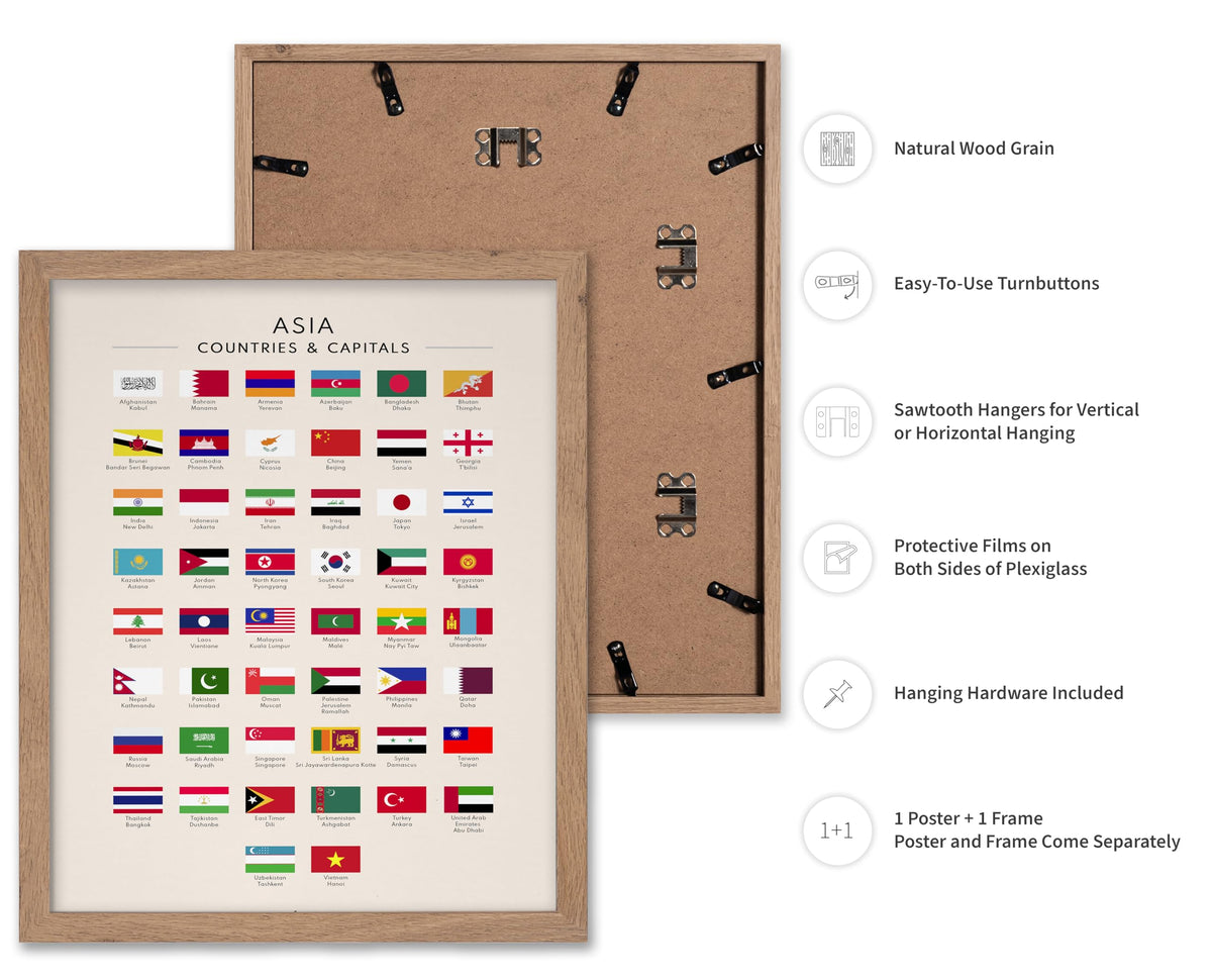 Poster Master Flags of Asia Poster - Asian Countries & Capitals Print - Learning Materials Art - Educational Art - Gift for Student & Teacher - Decor for Classroom or Library, 11x14 Beige Framed