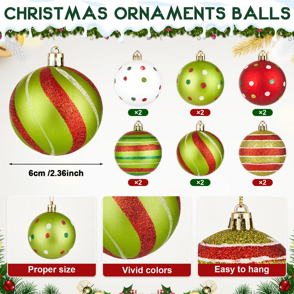 24 Pcs Red Green Christmas Tree Ornaments Set Large Wreath Bows and Red Green Glittering Christmas Ball Ornaments Swirl Candy Cane Peppermint Elf Hanging Decorations for Xmas Holiday Party Home Decor