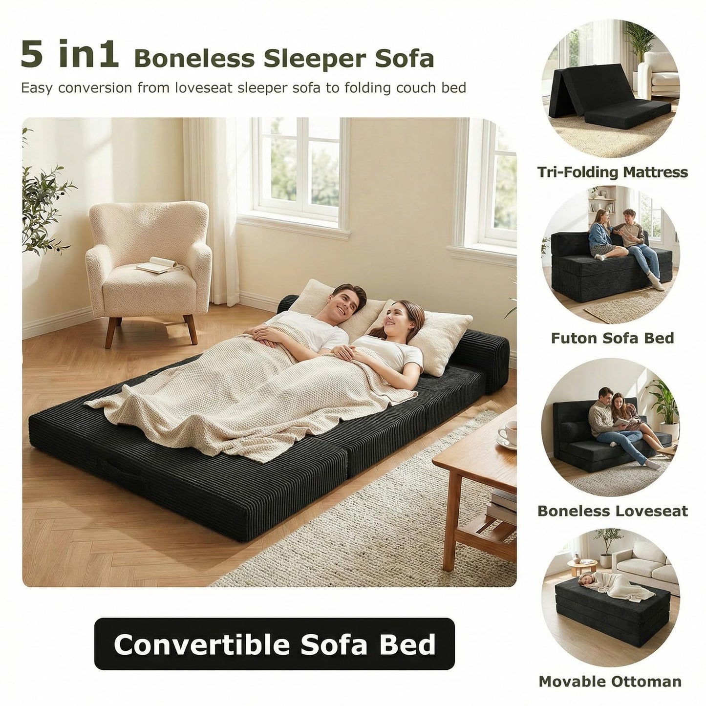 NLDD 5-in-1 Convertible Sofa Bed, Boneless Couch Loveseat with Removable Cushions & Washable Cover, Futon Sofa Bed with Handle, Pull Out Couch for Small Spaces, Queen Size, Black