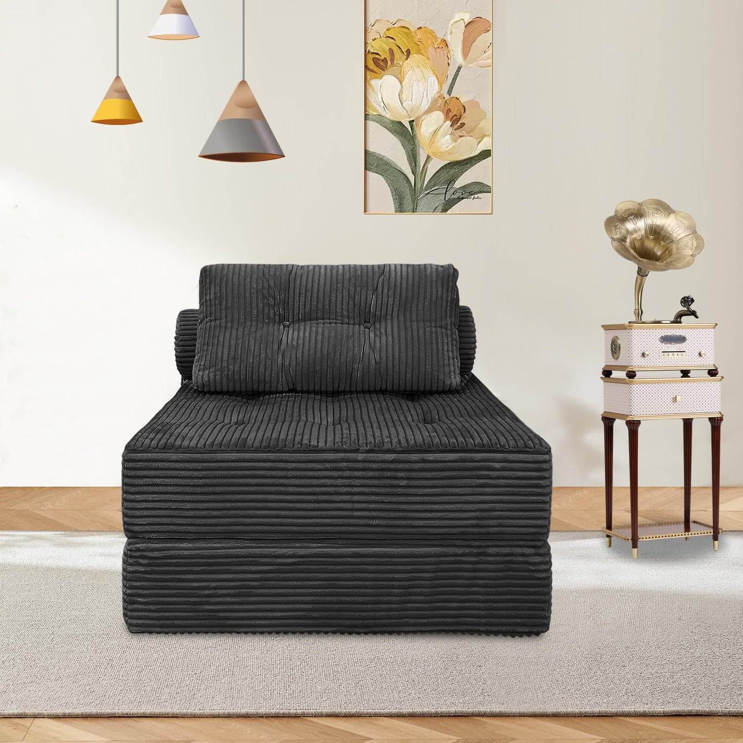 HonTop Folding Sofa Bed, Convertible Couch Chair with Pillow, Boneless Velvet Foldable Sleeper Sofa with Back Support, Portable Fold Out Lounger for Living Room, Apartment & Dorm, Dark Grey Corduroy