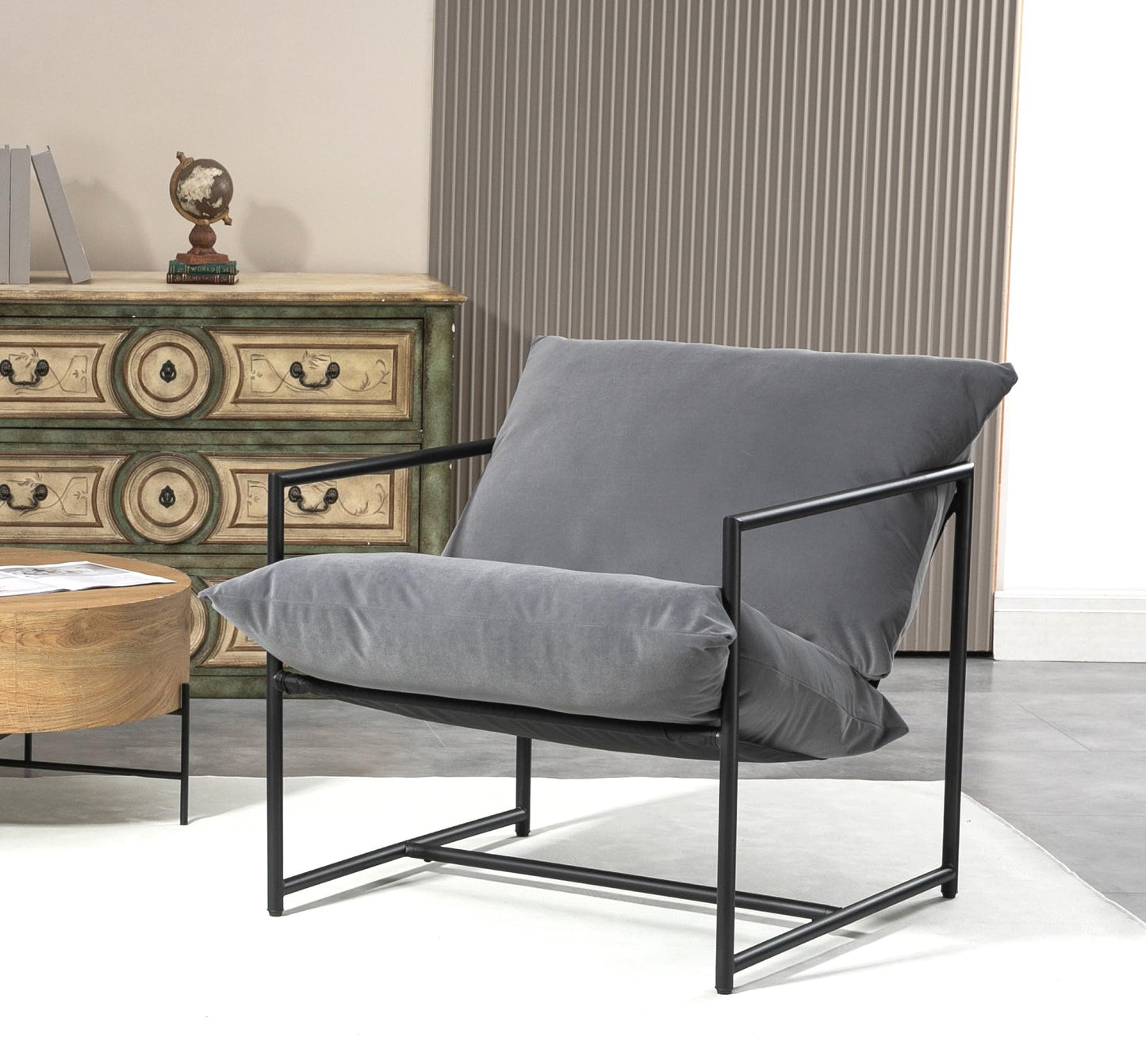 Container Furniture Direct Serenity Accent, Modern Velvet Arm Chair with Reclined Seat, Sleek Design, Durable Metal Frame, Soft Upholstery and Plush Comfort for Stylish Living Room, Grey