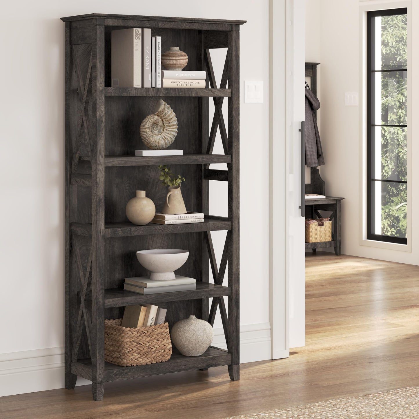 Bush Home Tall 5 Shelf Bookcase for Living Room or Home Office, Large Bookshelf, Modern Farmhouse Style, Key West Collection, Dark Gray Hickory