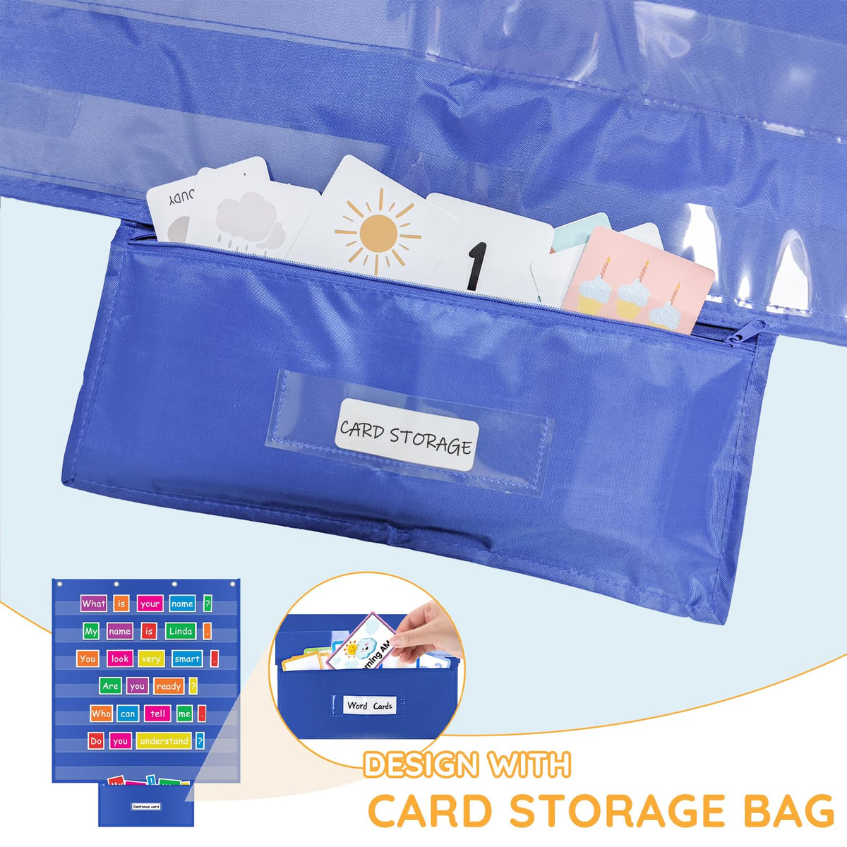 ALSLEA Standard Pocket Chart for Classroom with Zipper Storage Bag 28"x28" Wall Hanging File Display Pocket Chart with 7 Sentence Strips Holder Teacher Essential (Blue)