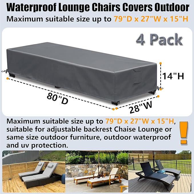 Patio Lounge Chair Covers 4 Pack Waterproof Outdoor chaise lounge cover 80" x