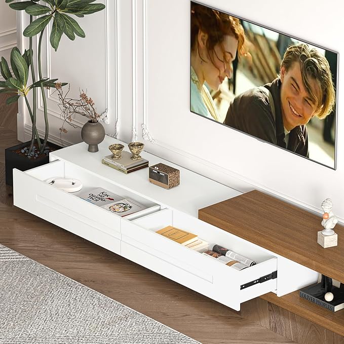 Extendable TV Stand with 2 Drawers, Long Reversible Entertainment Center with