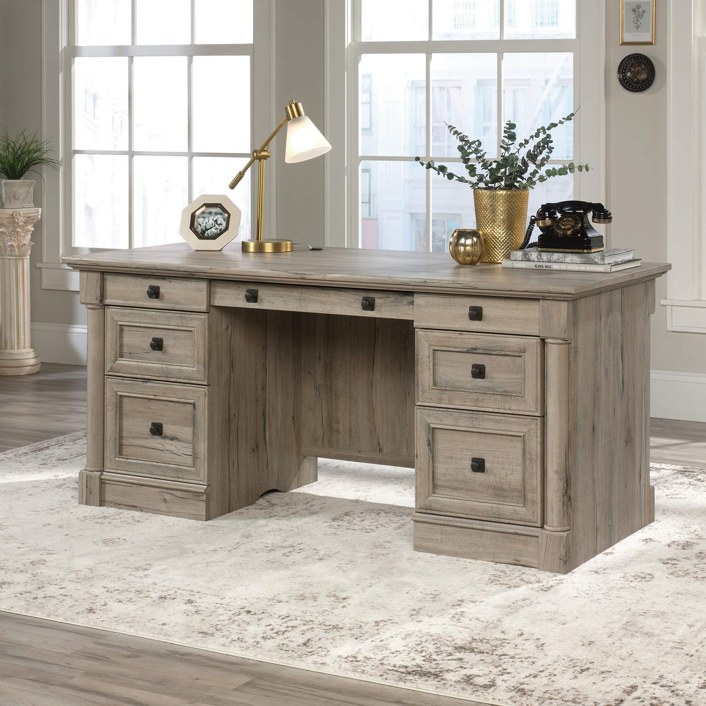 Sauder Palladia Office Desk with Drawers, Executive Desk with File Cabinet Storage, Cable Management, Keyboard Tray, in Split Oak Finish