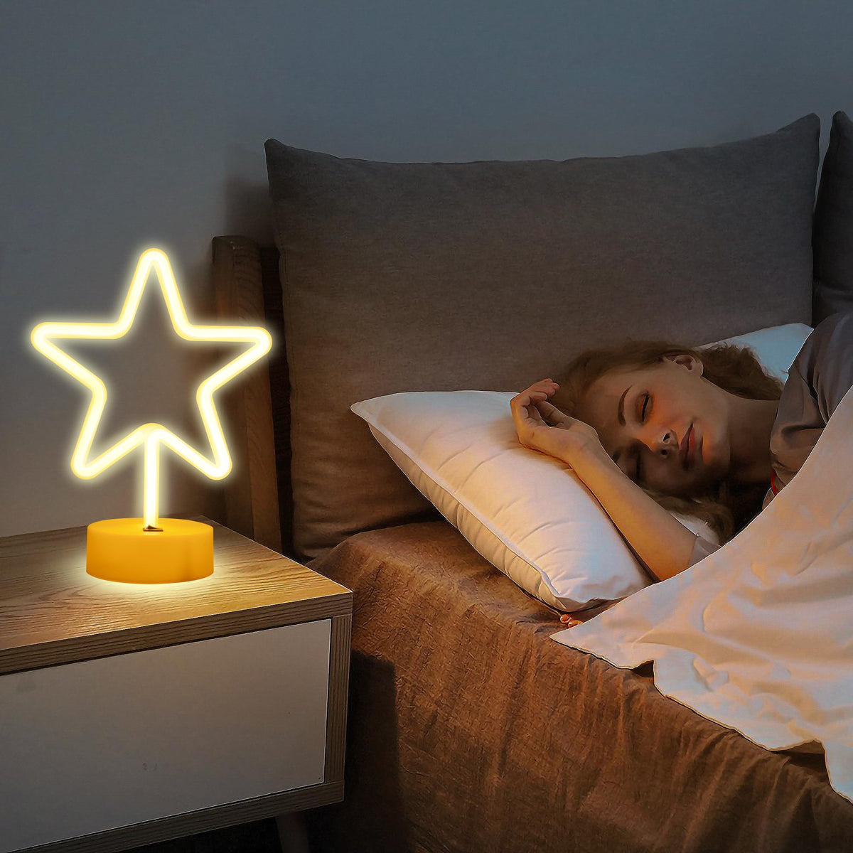 ENUOLI Warm White Star Shaped LED Neon Light Lamp with Base Battery Operated USB Powered LED Star Neon Sign Home Christmas Decoration Lights for Home Hotel Bedroom Store Decoration Night Light