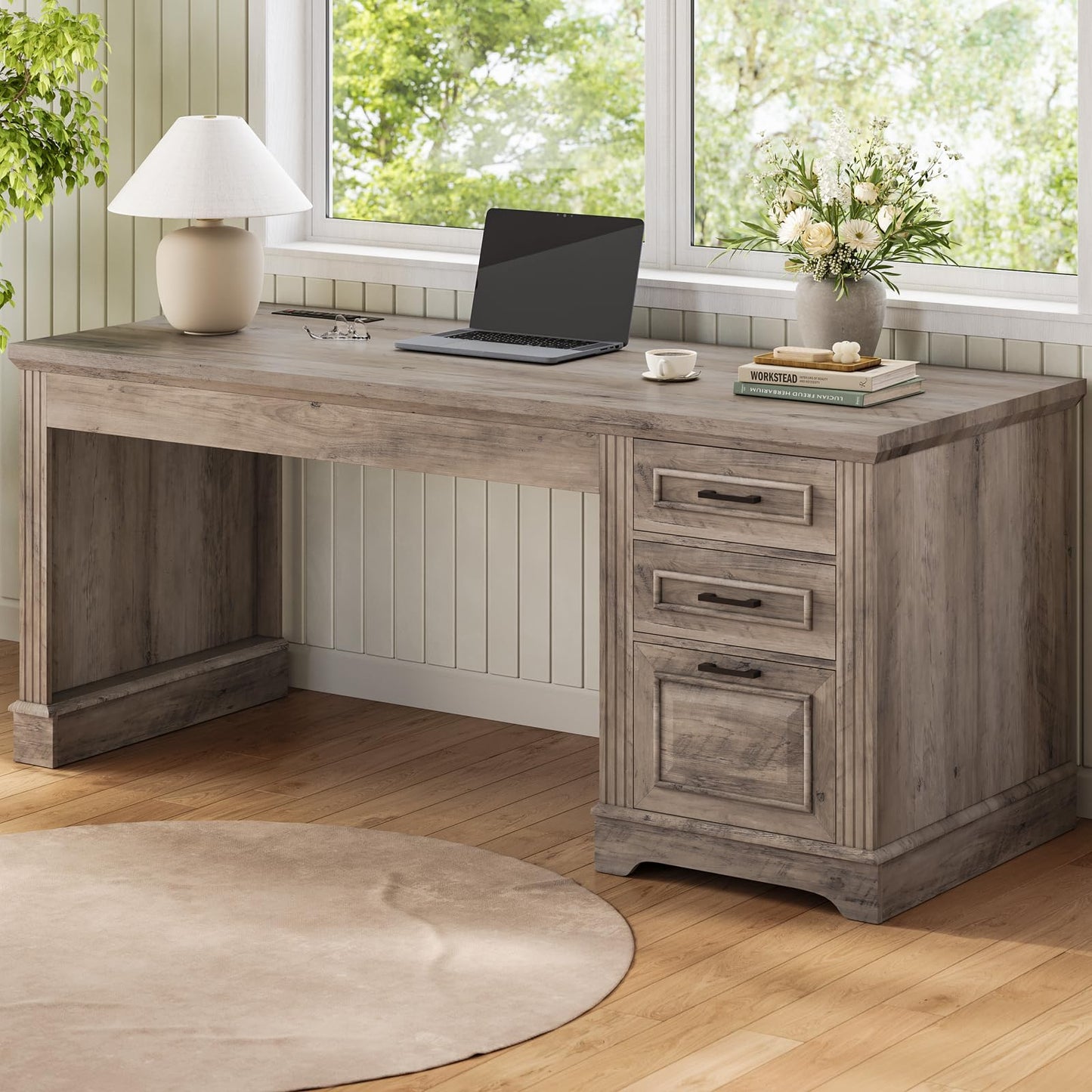 Itaar Farmhouse 55" Executive Desk, Computer Desk with Storage Drawers and Power Outlet, Home Office Desk, Workstation for Office Home, Grey