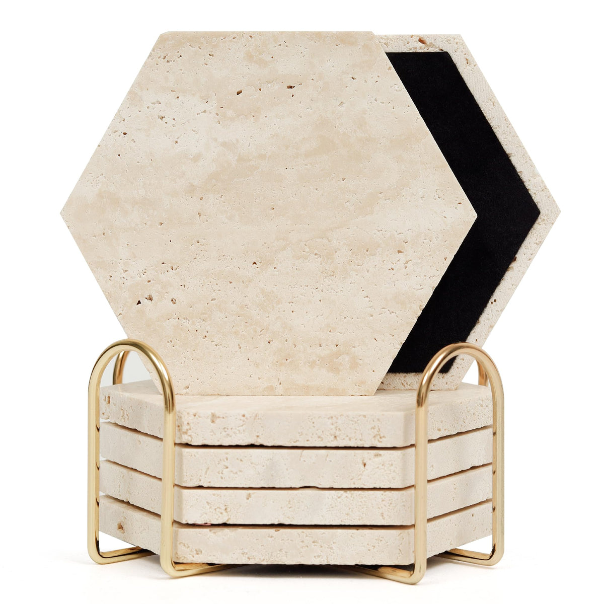 YONGHEE Travertine Coasters Set of 6 with Holder, Hexagonal Rustic Farmhouse Beige Marble Drink Coasters for Coffee Table Decor, Porous Stone Absorbent Coaster for Drinks, Velvet Backed