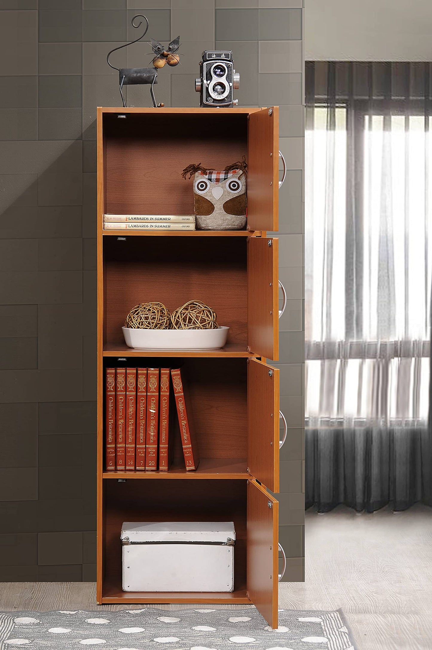 HODEDAH IMPORT 4-Shelf Bookcase Cabinet, Cherry