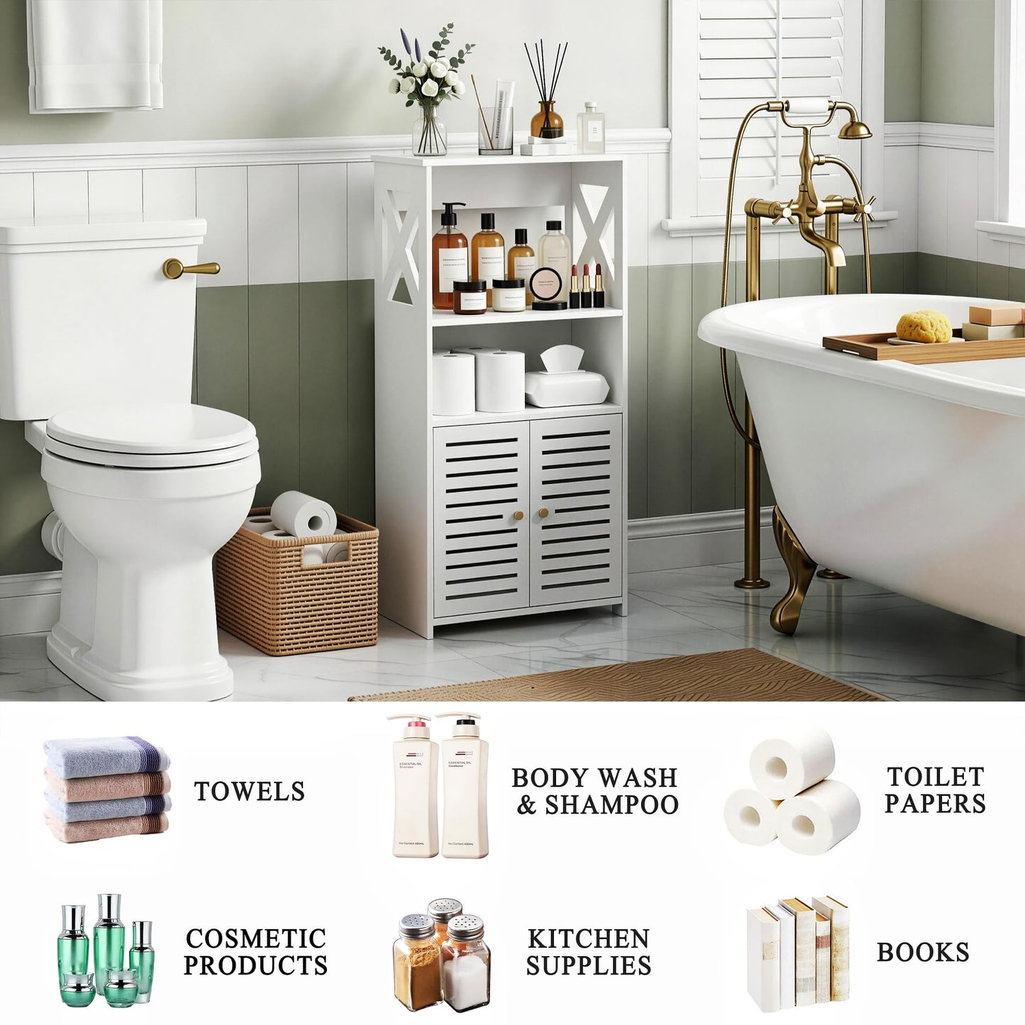 BYFU Bathroom Storage Cabinet, 4-Tier White Small Floor Cabinet Freestanding Organizer with Door and Shelf for Living Room Hallway Kitchen Small Space (8.7" D x 14.2" W x 29.1" H)