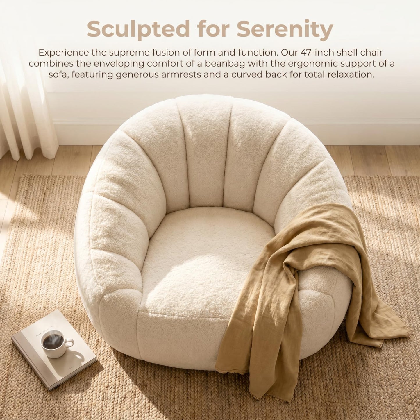Giant Bean Bag Chair, Oversized Bean Bag Couch with Armrests for Adults, Cozy Faux Fur Shell-Shaped Lazy Sofa with High-Density Foam, Soft Comfy Floor Lounger Chair for Reading & Gaming, Beige