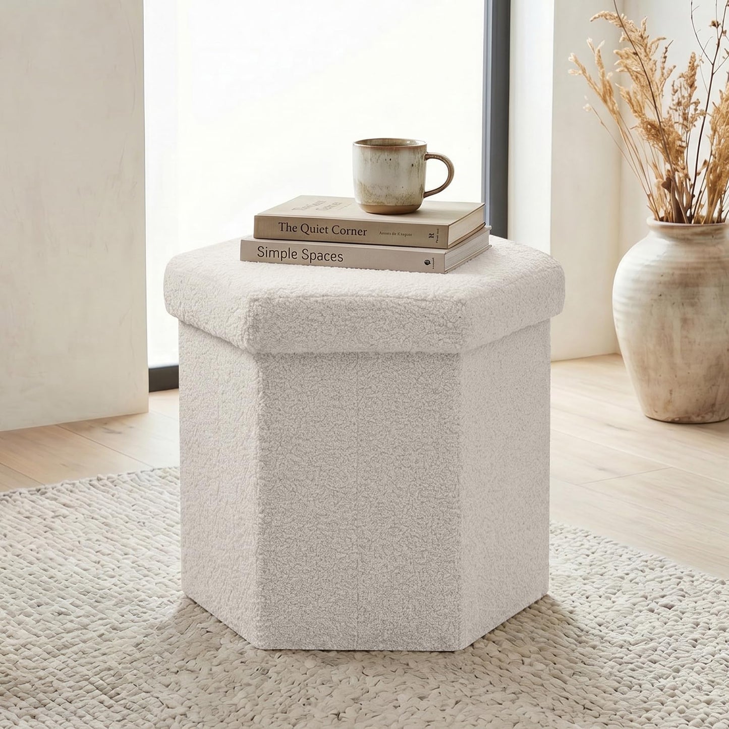 ZOLANOful Hexagon Storage Ottoman, Foldable Boucle Footrest with Hidden Storage, Upholstered Ottoman Footstool for Living Room, Bedroom, Dorm, Entryway, 15 x 16.9 x 15 Inches, White