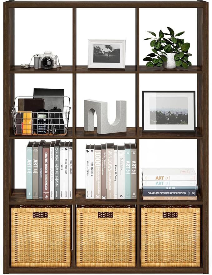 Furinno Cubicle Book Shelf, 12-Cube Bookshelf, Extra Thick Frame Reversible