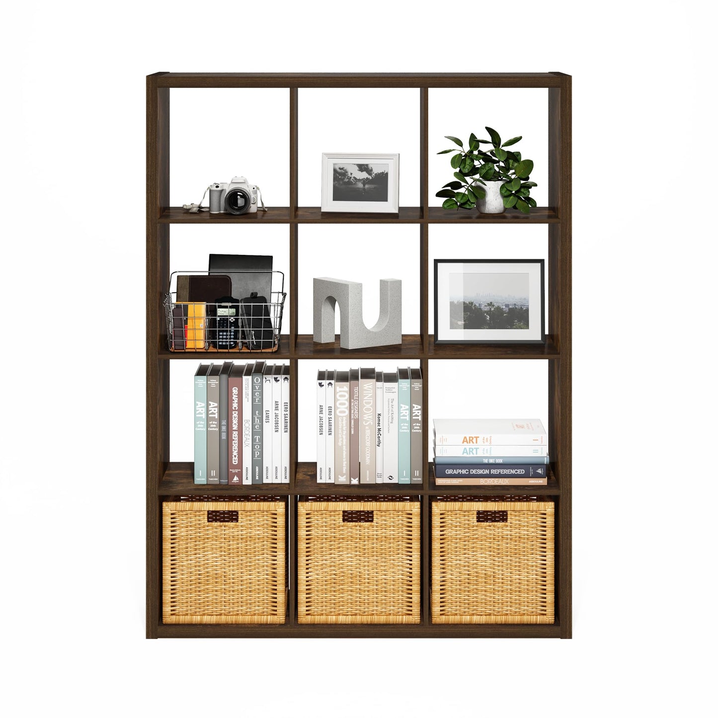 Furinno Cubicle Book Shelf, 12-Cube Bookshelf, Extra Thick Frame Reversible Bookcase with Open Back, 14.6" x 44" x 58", for Living Room, Bedroom, Home Office, Amber Pine