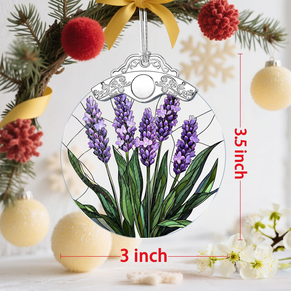 Stained Glass Ornament: Lavender Flower Christmas Ornament – Christmas Tree Decor & Holiday Decor | Flower Lovers Gifts, Gift Exchange & Gifts for Family, Coworkers, Friends & Her