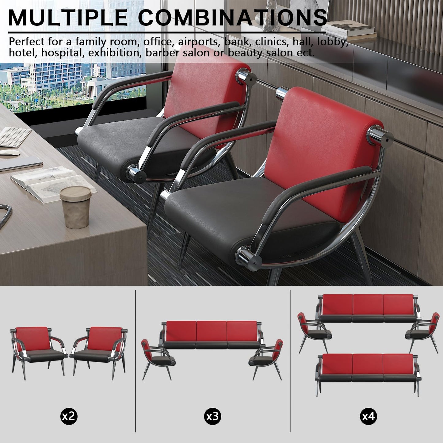 wonline Waiting Room Chair with Armrest PU Leather Office Furniture, Office Guest Seating Lobby Conference Reception Chairs for Airport Clinic Hospital Bank Salon Barber(Red&Black)