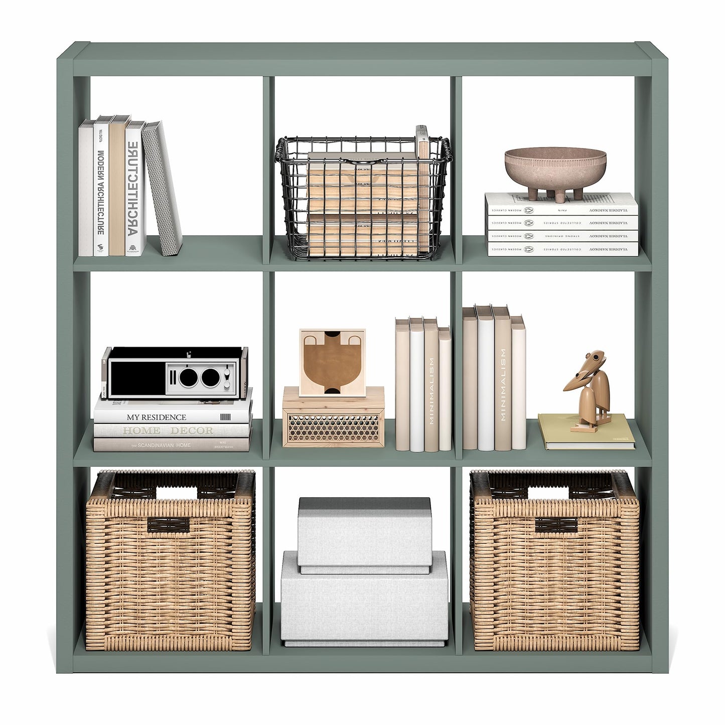 Furinno Cubicle Book Shelf, 9-Cube Bookshelf, Extra Thick Frame Reversible Bookcase with Open Back, 14.6" x 44" x 44", for Living Room, Bedroom, Home Office, Sage Green