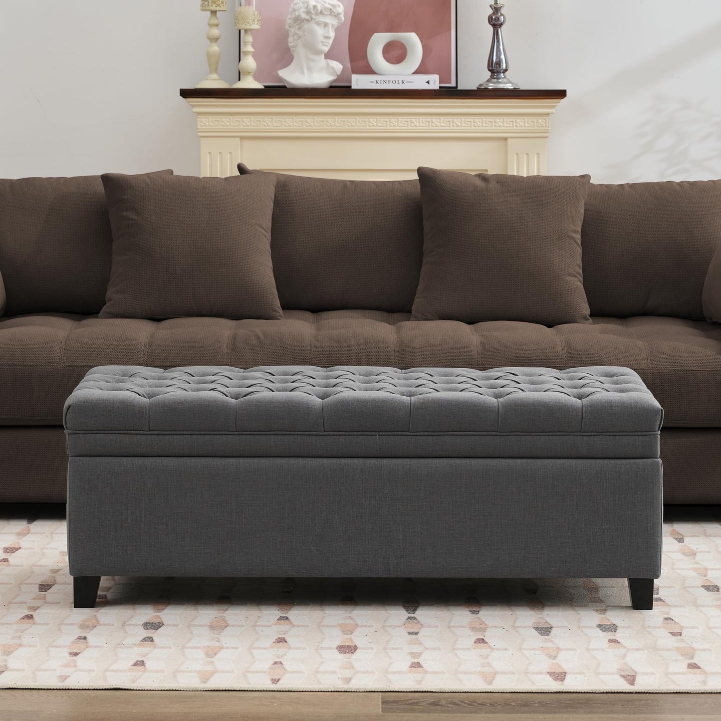 UDAX 51" Storage Ottoman for Bedroom & Living Room, End of Bed Bench with Black Wooden Legs, Linen Upholstered Tufted Ottoman, Entryway Storage Bench,Dark Grey
