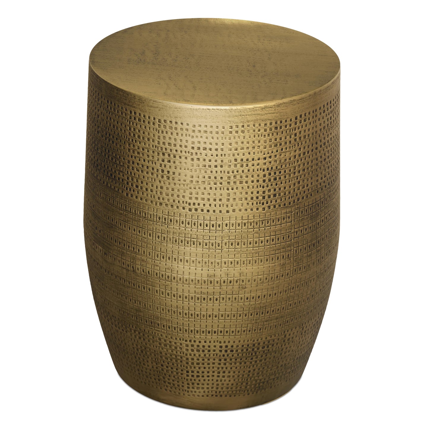 SIMPLIHOME Johnsen Metal Table - 15 inch Wide Solid Iron Round Accent Table in Antique Brass, Boho Side or End Table for Living Room, Bedroom, or Office with Etched Morse Pattern, Assembled