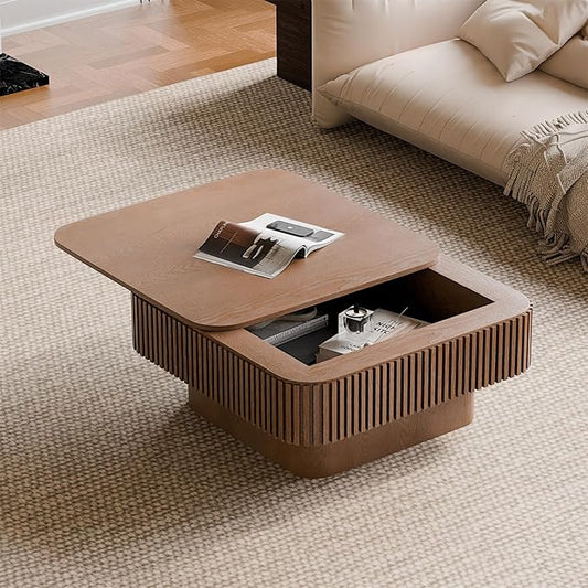 Square Coffee Table for Living Room, Fluted Drum Accent Tea Center Table
