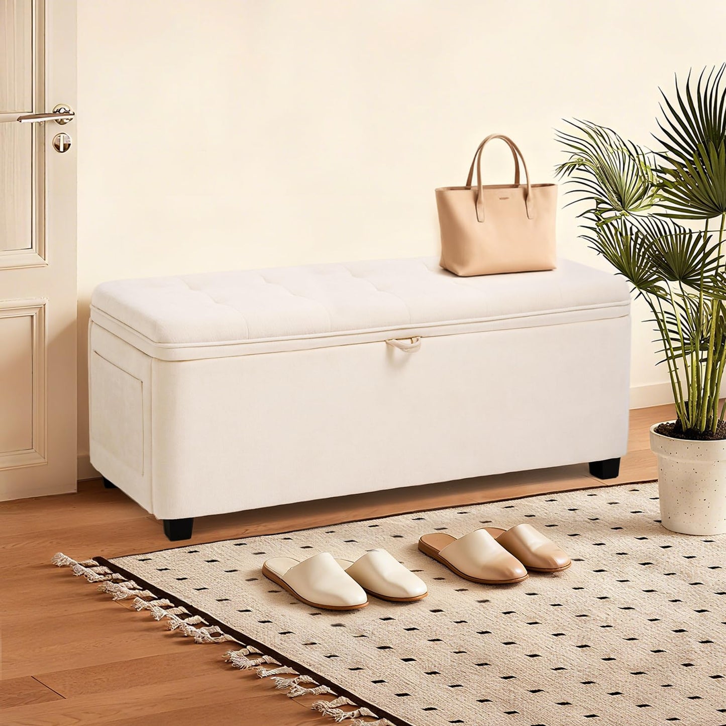 2BYF 45" Storage Ottoman Bench, Tufted Ottoman with Storage for Living Room, Large End of Bed Ottomans, Modern Entryway Benchs, Window & Bedroom Benches for Foot of Bed (Ivory)
