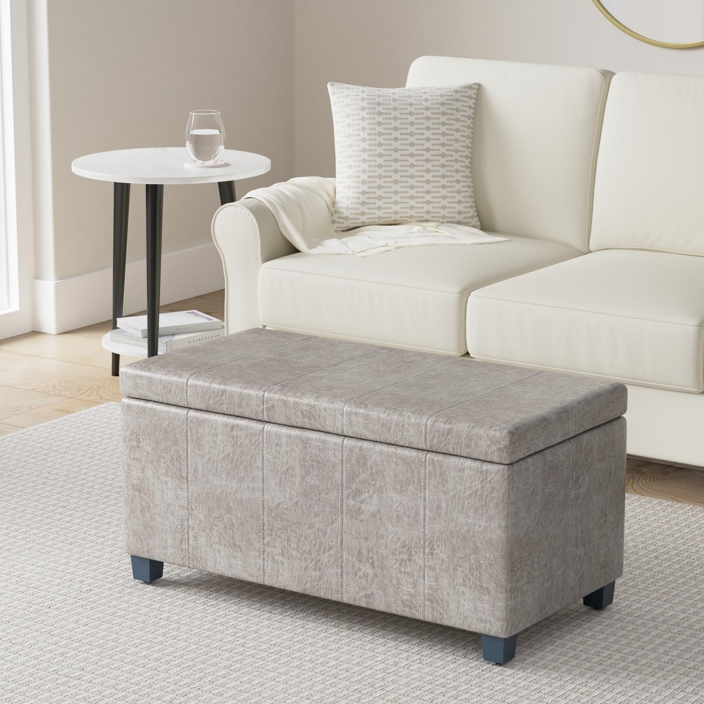 SIMPLIHOME Dover Storage Ottoman Bench - 36 inch Wide Upholstered Vegan Leather Rectangular Lift-Top Ottoman in Distressed Grey Taupe, Contemporary Bench for Living Room with Safety Hinges