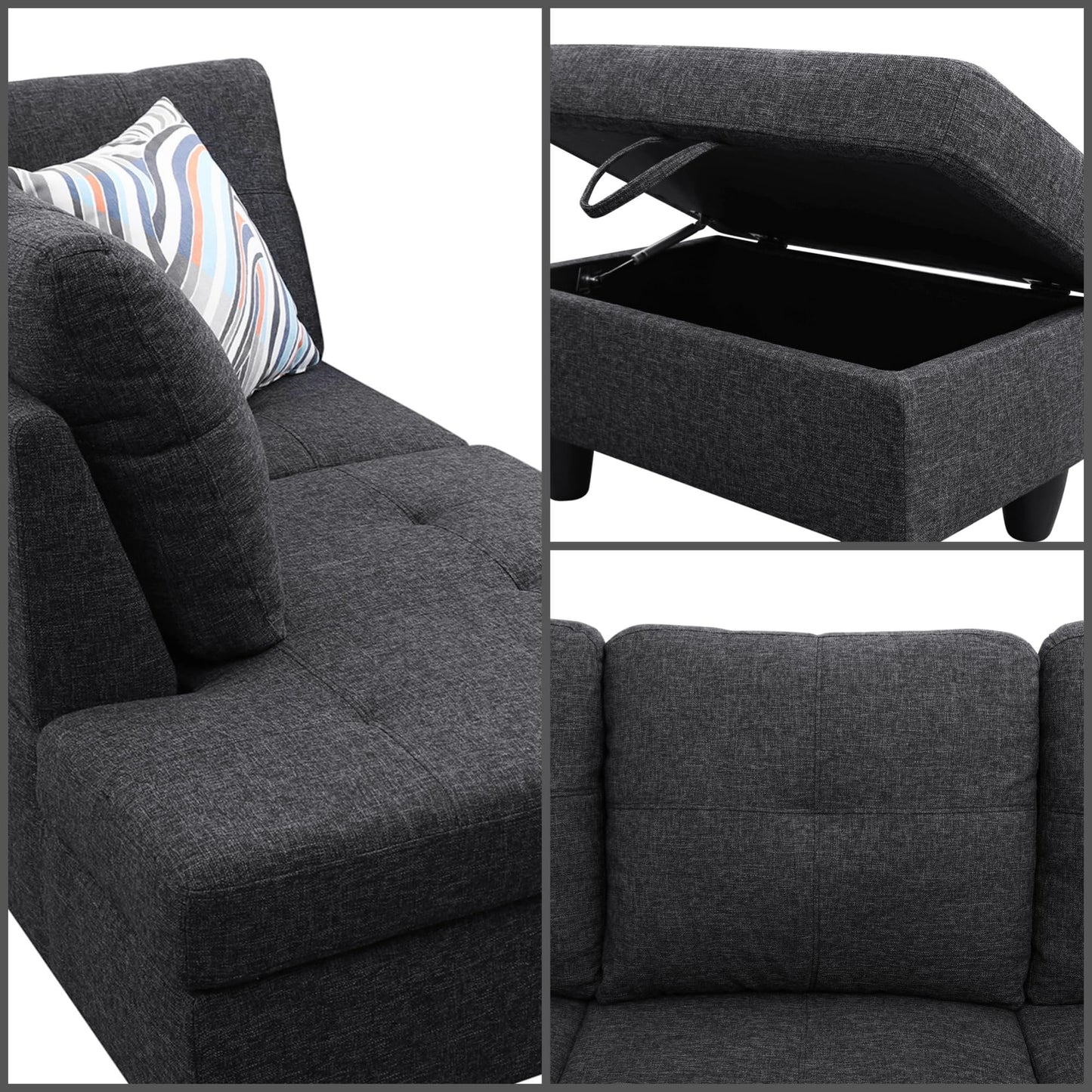 Trygoal 97" L Shaped Couch Sectional Couches with Chaise and Storage Ottoman, 3 Pieces Modular Convertible Sofa for Living Room Furniture Sets and Small Apartment, Black Grey