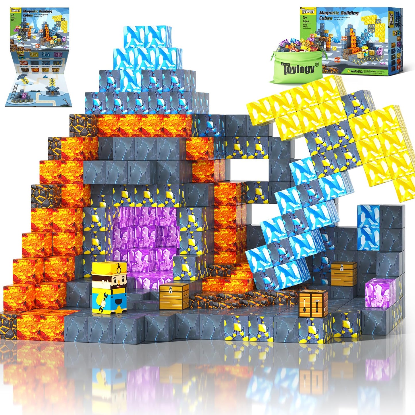 Magnetic Blocks-Build Mine Magnet World Pickaxe Edition Mine Pickaxe Caverns Kids Games Toddler Toys Magnetic Tiles for Boys & Girls Age 3-4 4-5 6-8, Sensory Outdoor Toys for Kids for 3+