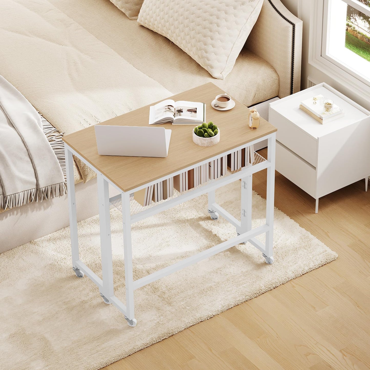 YATINEY Folding Computer Desk with Storage Shelf, 25.2" Rolling Folding Desk with Wheels, for Small Spaces, Living Room, Bedroom, Office, White and Natural DN08WN