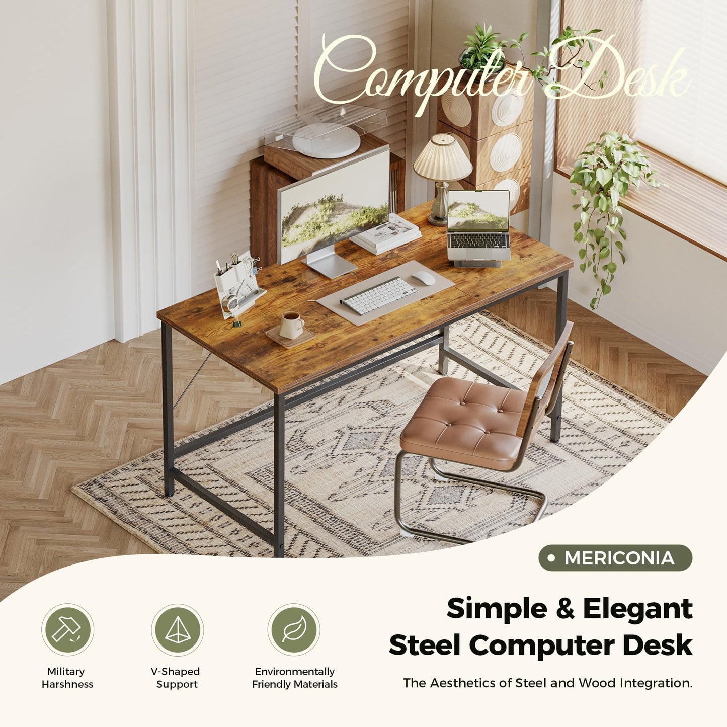 Mericonia 55 inch Computer Desk, Gaming Desk for Small Spaces, Modern Simple Style Table for Home Office, Study Student Writing Table
