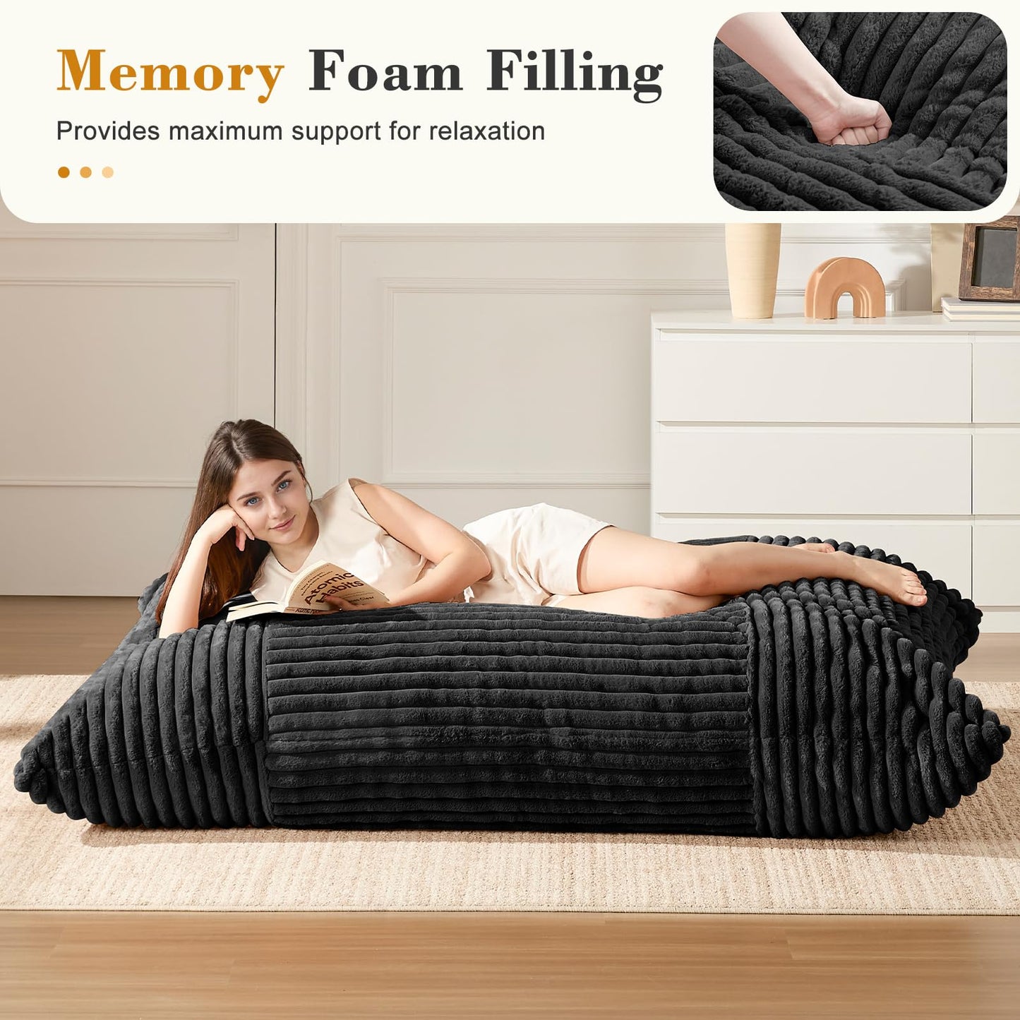 3-in-1 Giant Bean Bag Chair for Adults & Kid, Convertible Floor Sofa to Mattress, High-Density Foam Chair Bed with Washable Cover, Multi Functional Lounge Couch for Bedroom, Living Room (Black)