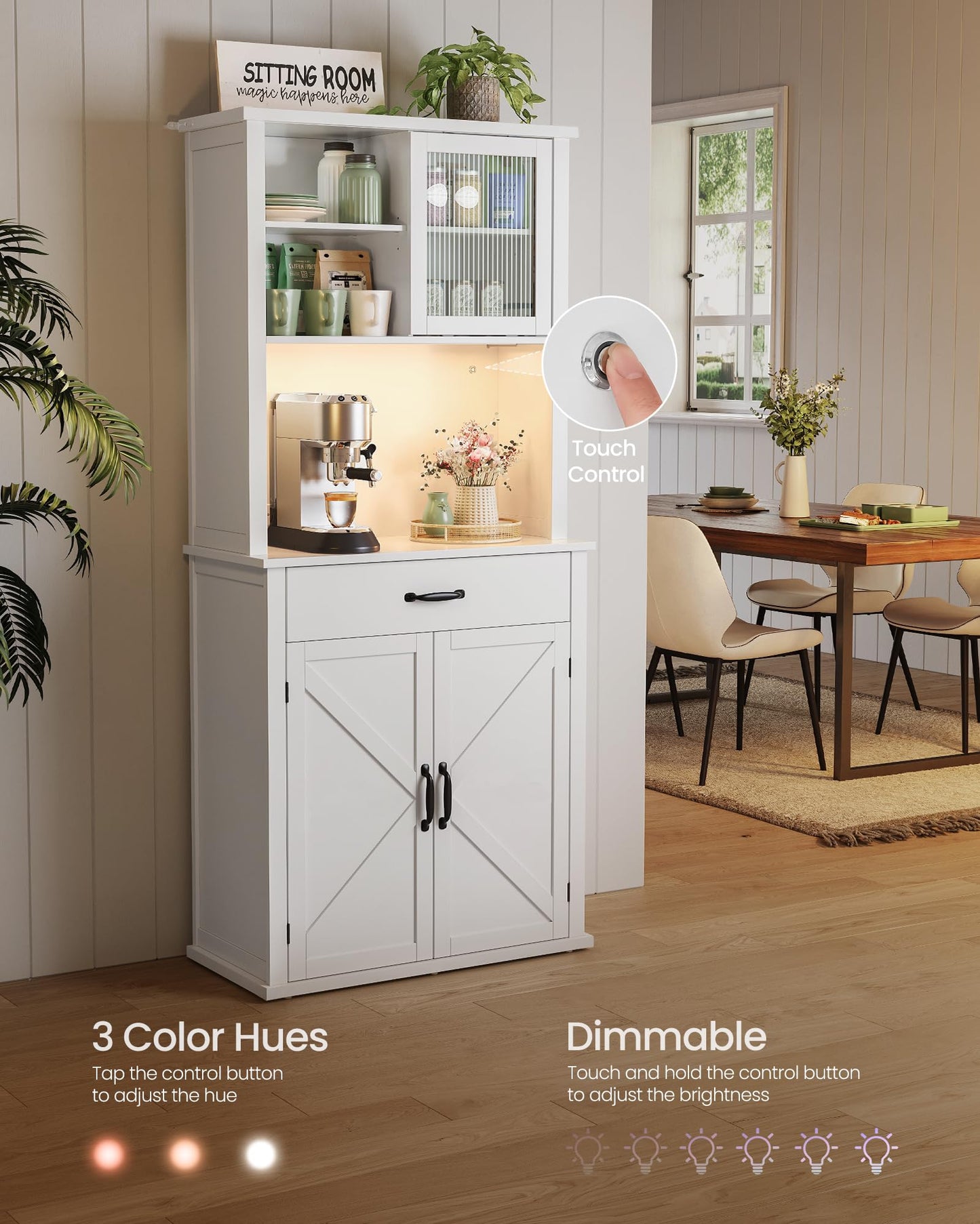VASAGLE LIRY Collection - 71-Inch Tall Kitchen Pantry Cabinet with Lights and Charging Station, Coffee Bar Cabinet with Doors and Drawer, Farmhouse Style, Adjustable Shelves, Cloud White UBBK363W11