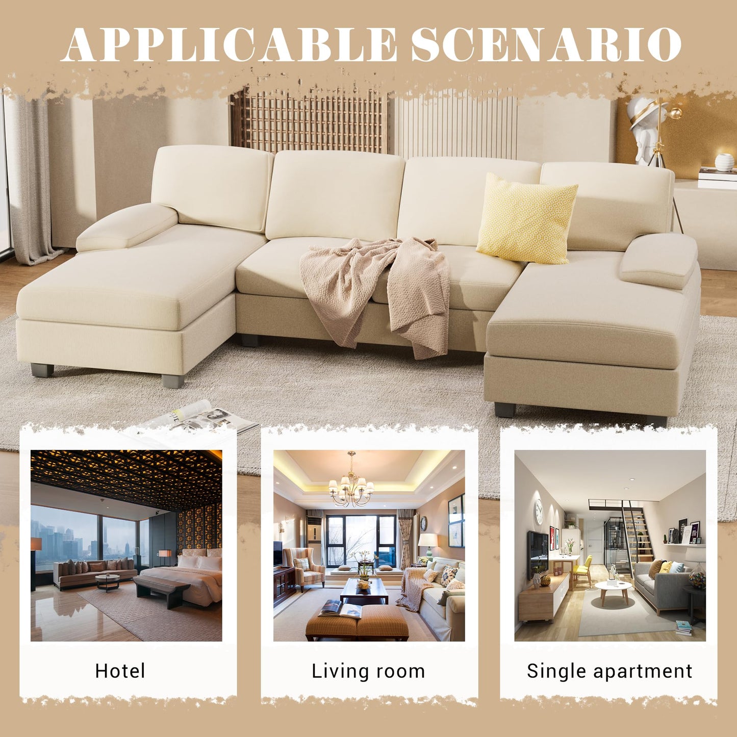 Furniwell Convertible Sectional Sofa Couch, 4 Seat Sofa Set for Living Room U-Shaped Modern Fabric Modular Sofa Sleeper with Double Chaise & Memory Foam (Fabric, White)