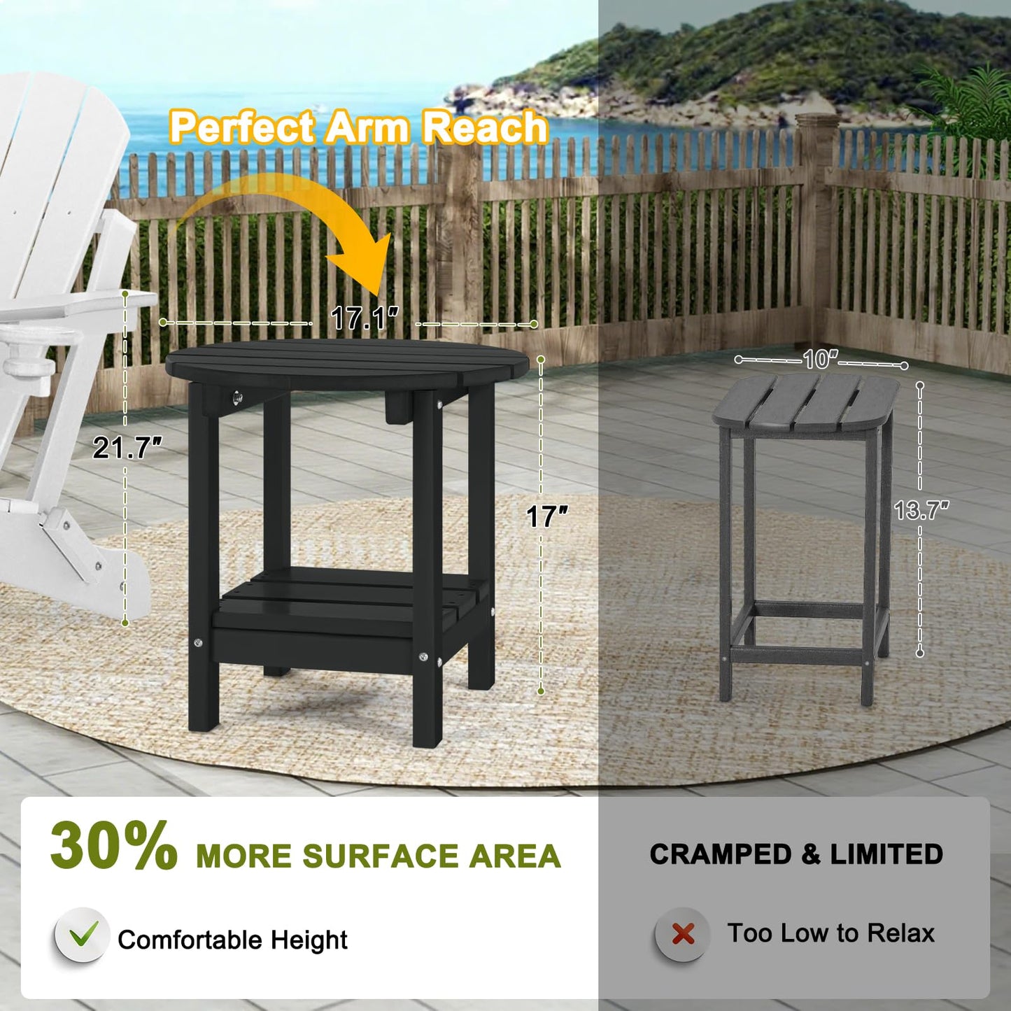 ABCPATIO Adirondack Outdoor Side Tables, 2-Tier Round Outdoor Table, Weather Resistant HDPE Patio End Table for Garden, Lawn, Pool, Beach, Porch, Deck, Backyard - Black