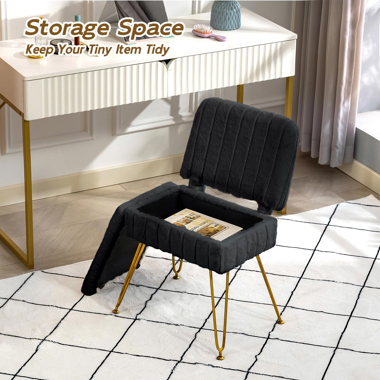 Manyday Vanity Chair with Storage, Comfy Ottoman with Folding Back, Faux Fur Vanity Stool with 4 Metal Legs for Make Up, Furry Padded Seat with Anti-Slip Feet for Bedroom Dressing Room, Black